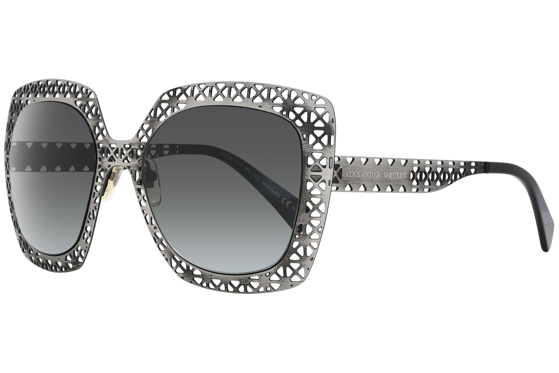 alexander-mcqueen aviator silver eyeglasses frame viewed from a 45-degree angle.