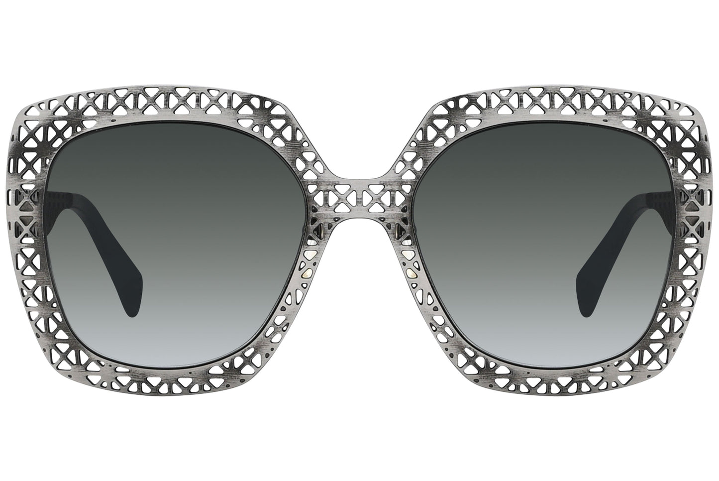 alexander-mcqueen aviator silver eyeglasses frame viewed from a 90-degree angle.