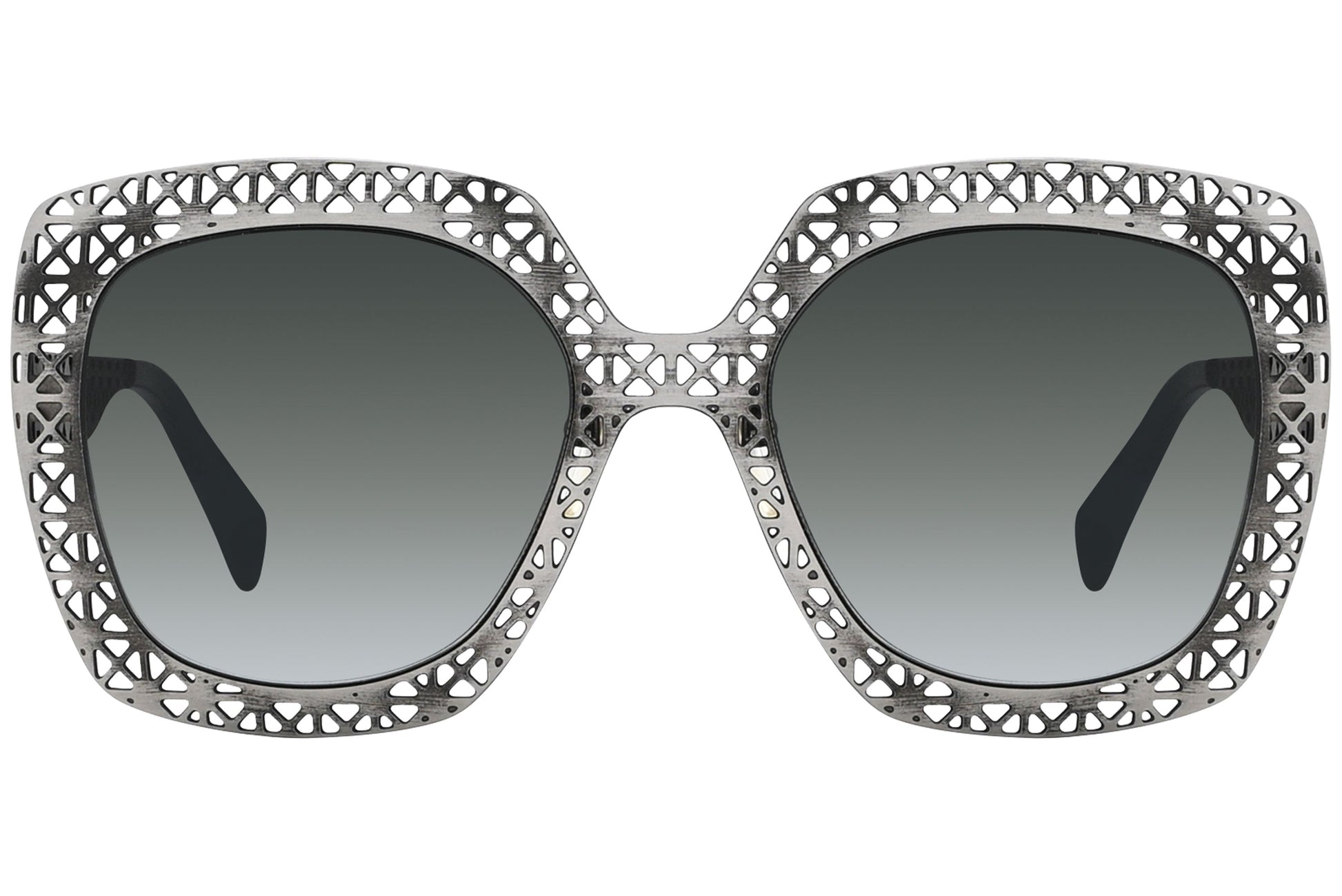 alexander-mcqueen aviator silver eyeglasses frame viewed from a 90-degree angle.