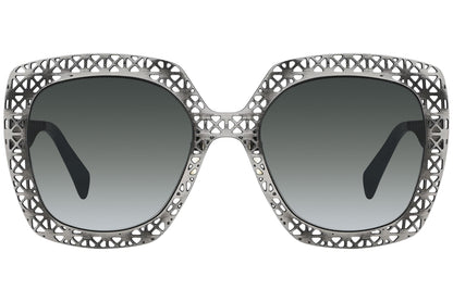 alexander-mcqueen aviator silver eyeglasses frame viewed from a 90-degree angle.