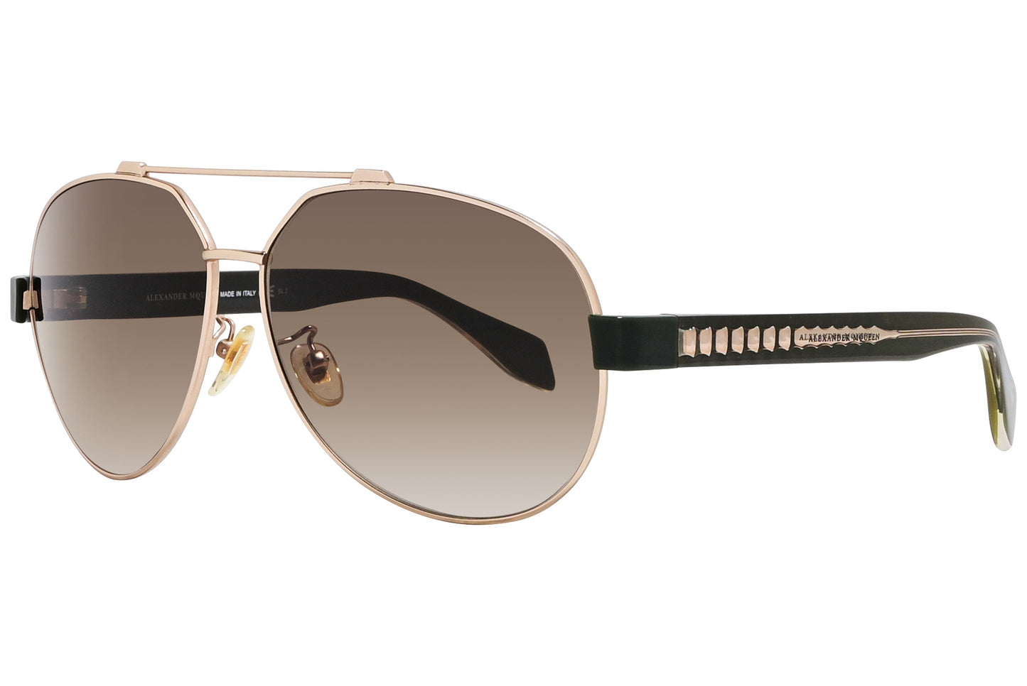 alexander-mcqueen oval black with gold eyeglasses frame viewed from a 45-degree angle.