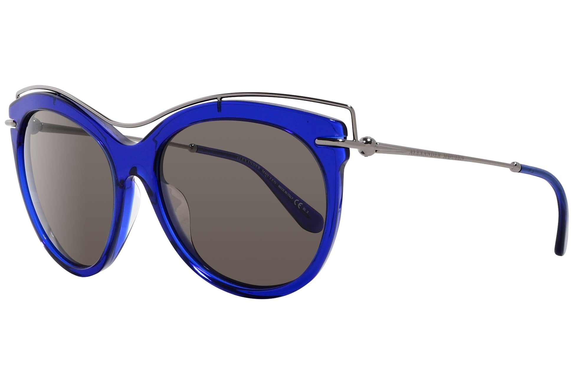 alexander-mcqueen oval blue with black eyeglasses frame viewed from a 45-degree angle.