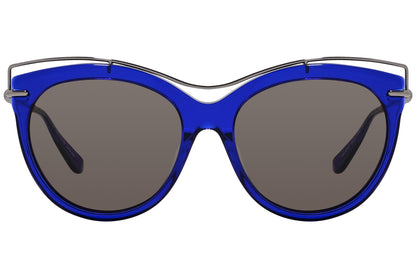 alexander-mcqueen oval blue with black eyeglasses frame viewed from a 90-degree angle.