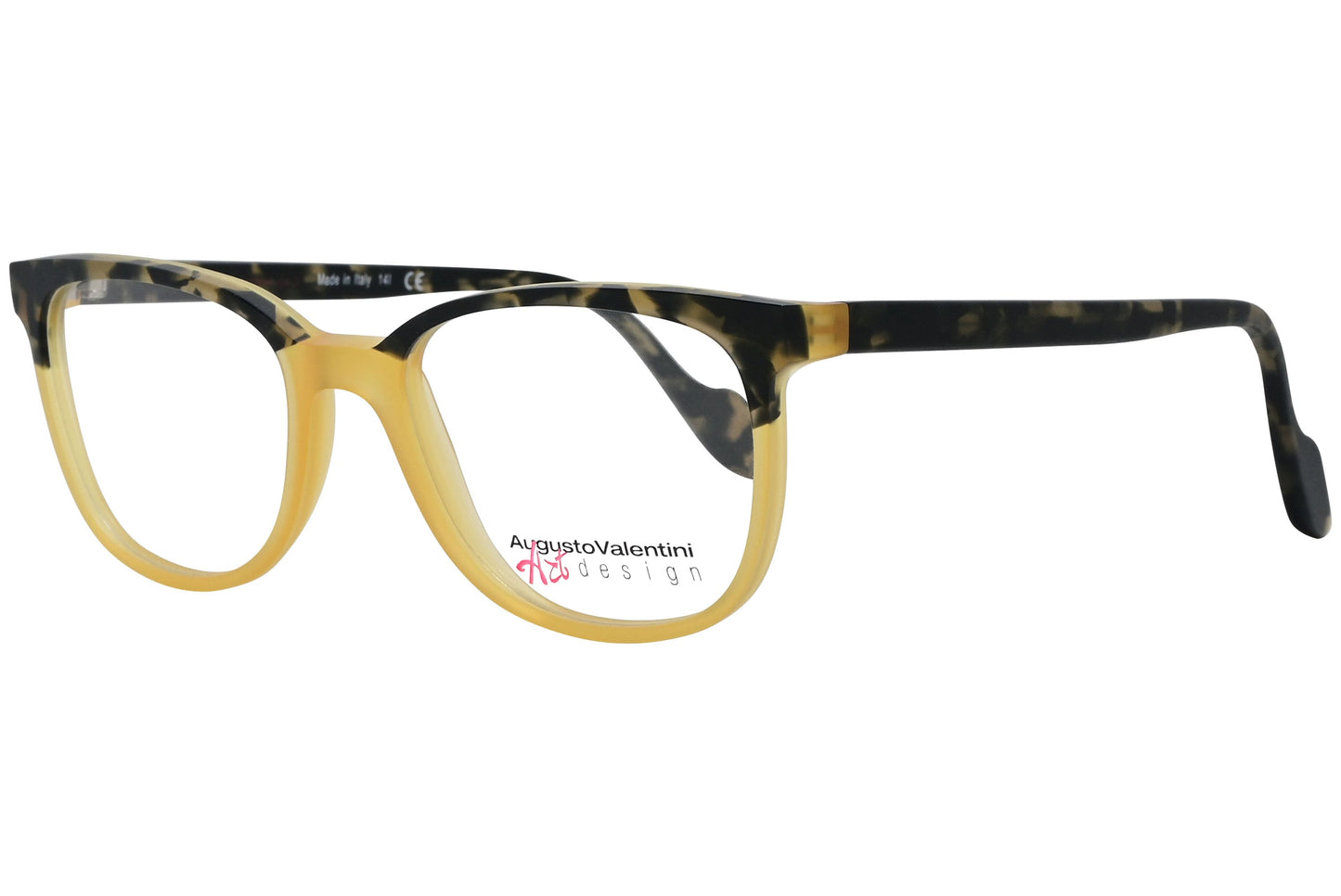 augusto valentini rectangle gold eyeglasses frame viewed from a 45-degree angle.