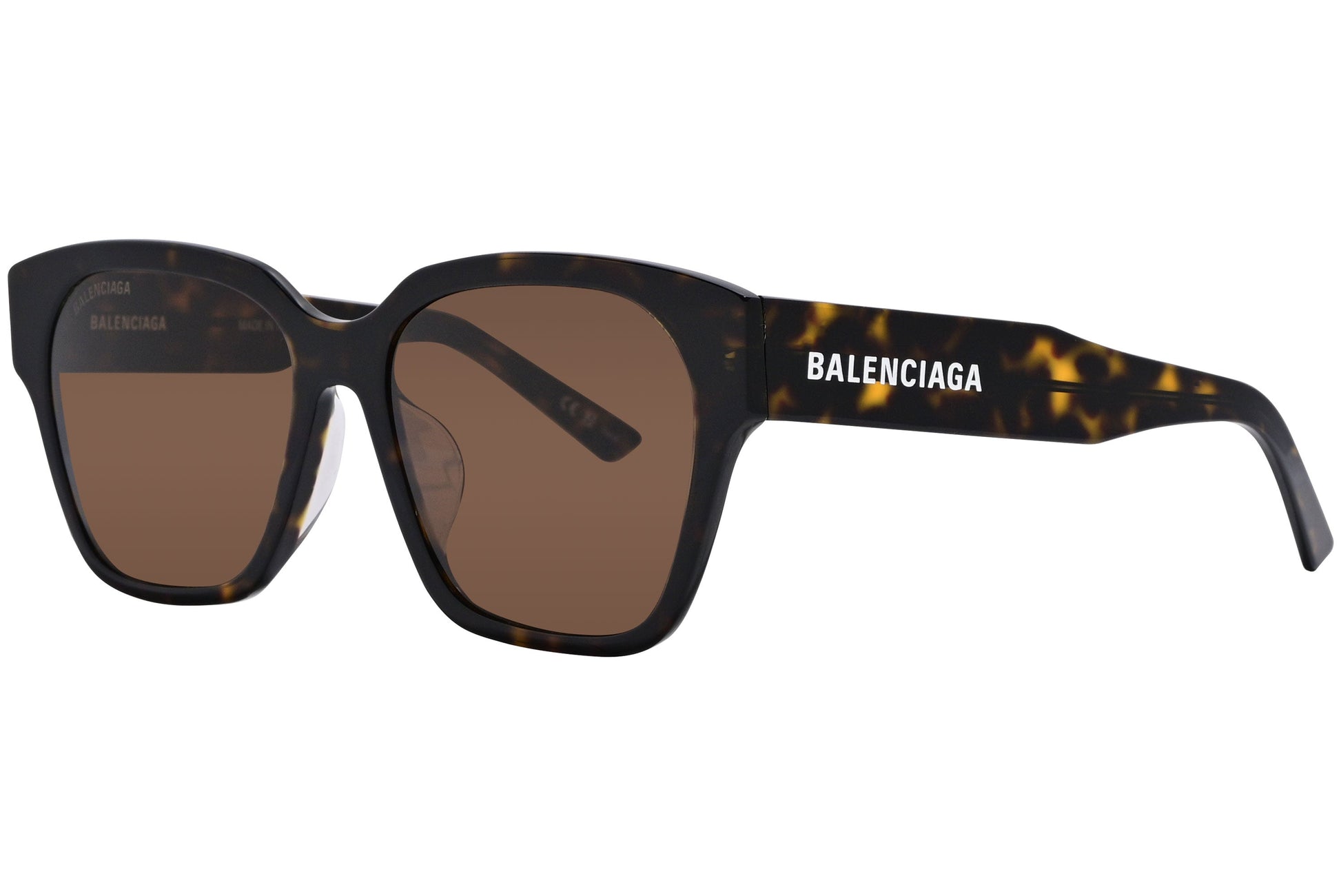 Balenciaga Tortoise Color Square Sunglasses Viewed From A 45-Degree Angle.