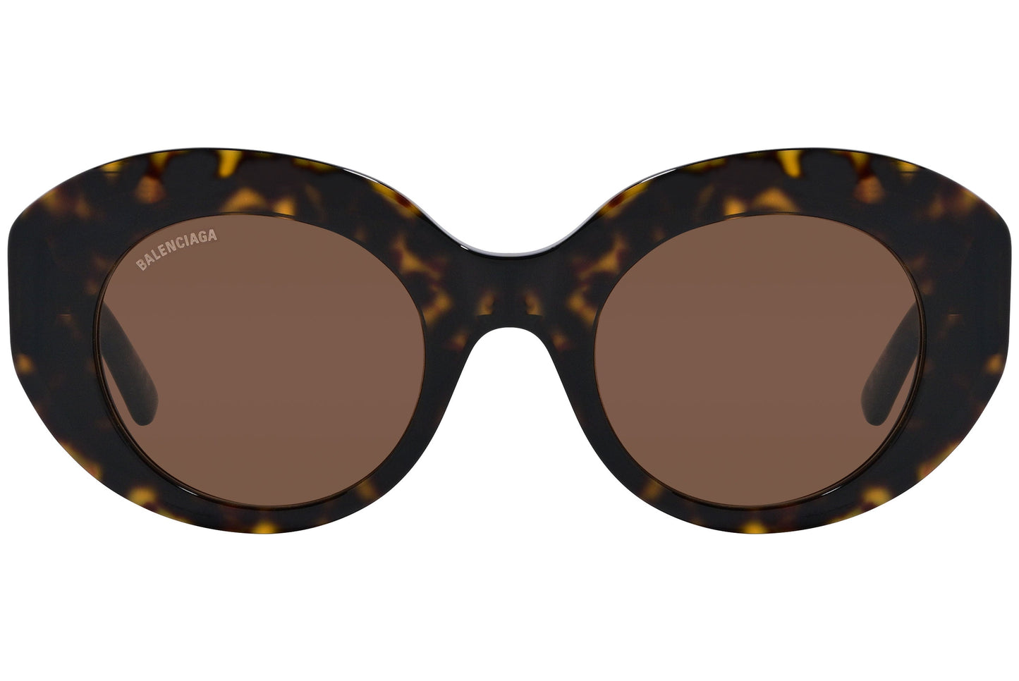 Balenciaga Tortoise Color Oval Sunglasses Viewed From Front Angle.