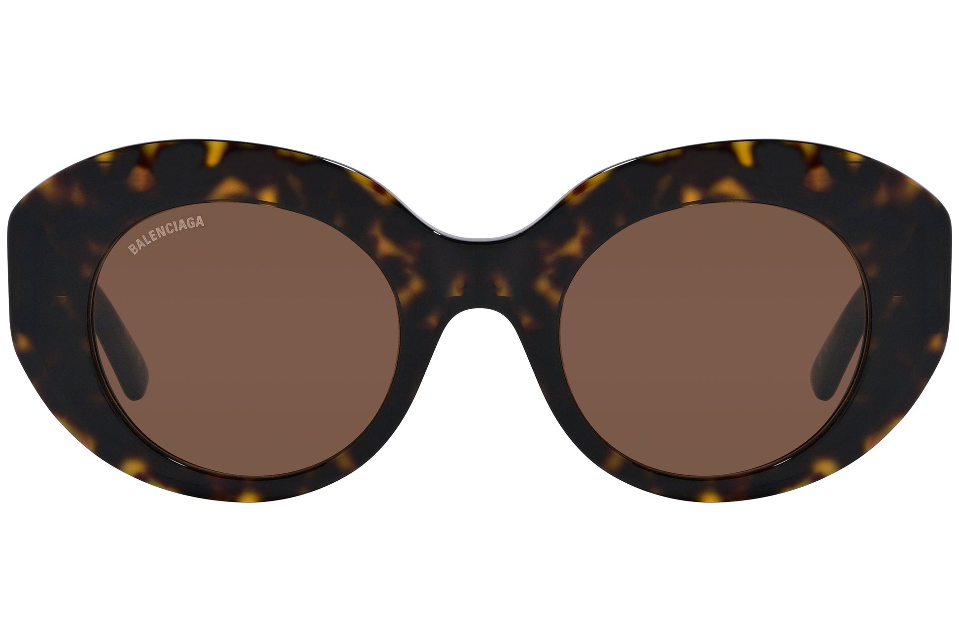 Balenciaga Tortoise Color Oval Sunglasses Viewed From Front Angle.