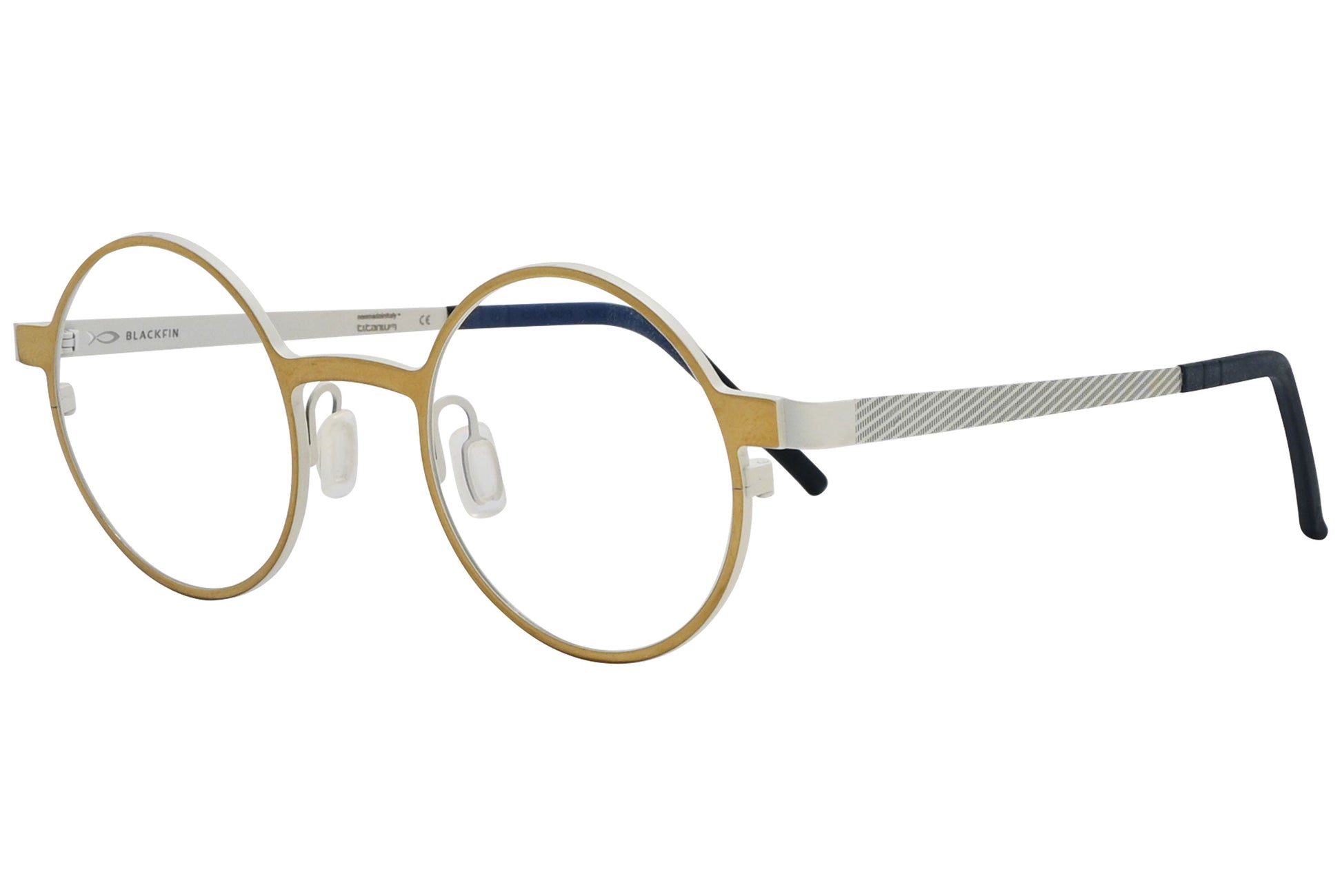 blackfin round gold with black eyeglasses frame viewed from a 45-degree angle.