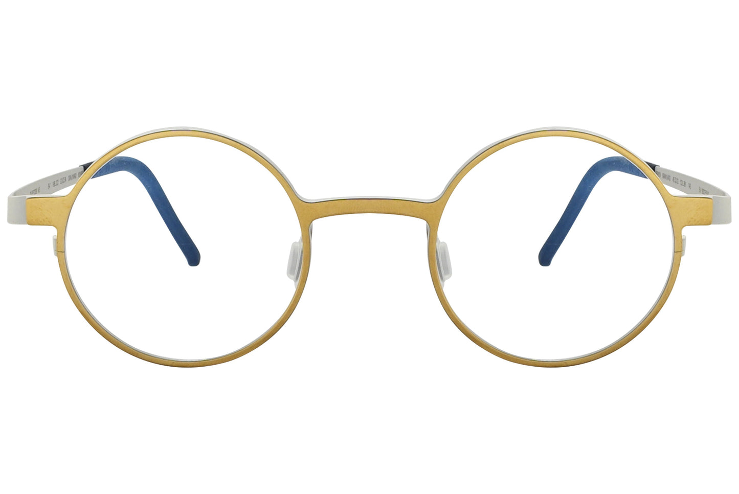 blackfin round gold with black eyeglasses frame viewed from a 90-degree angle.