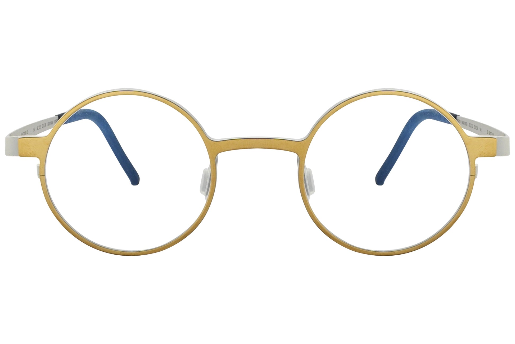 blackfin round gold with black eyeglasses frame viewed from a 90-degree angle.