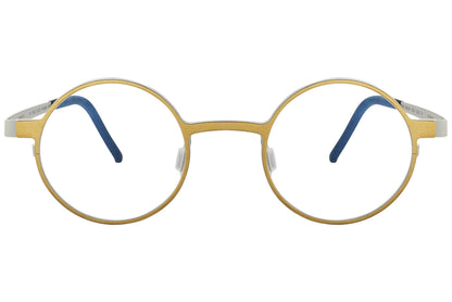 blackfin round gold with black eyeglasses frame viewed from a 90-degree angle.