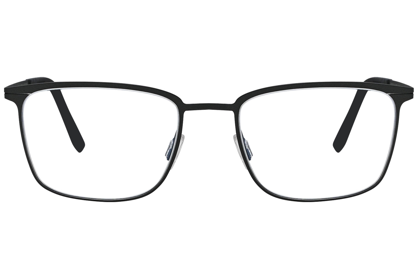 blackfin geometric black eyeglasses frame viewed from a 90-degree angle.