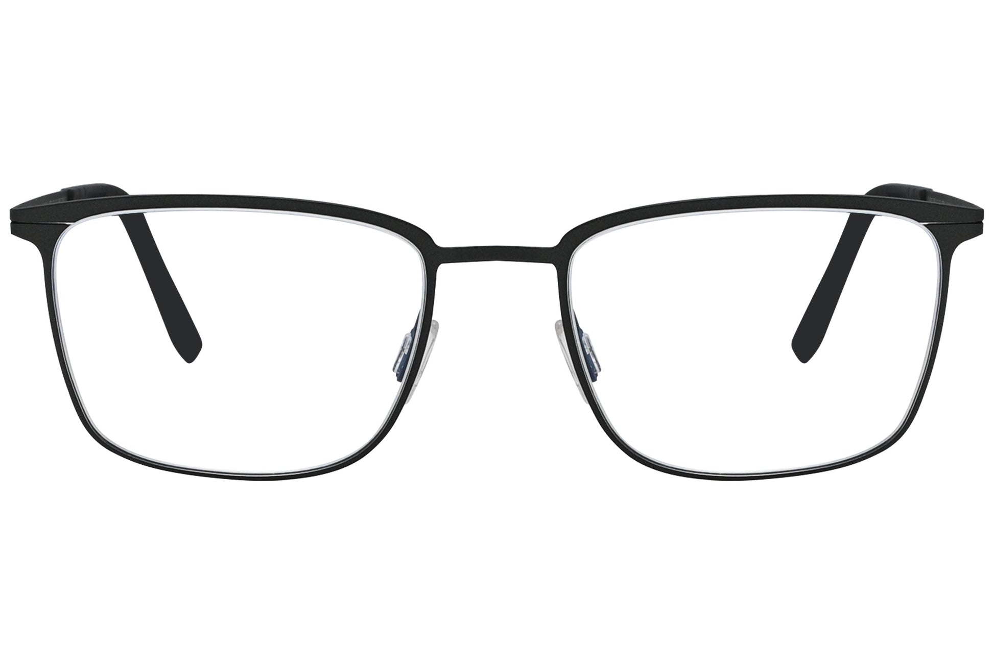 blackfin geometric black eyeglasses frame viewed from a 90-degree angle.