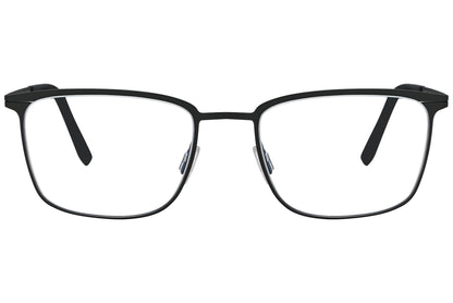 blackfin geometric black eyeglasses frame viewed from a 90-degree angle.