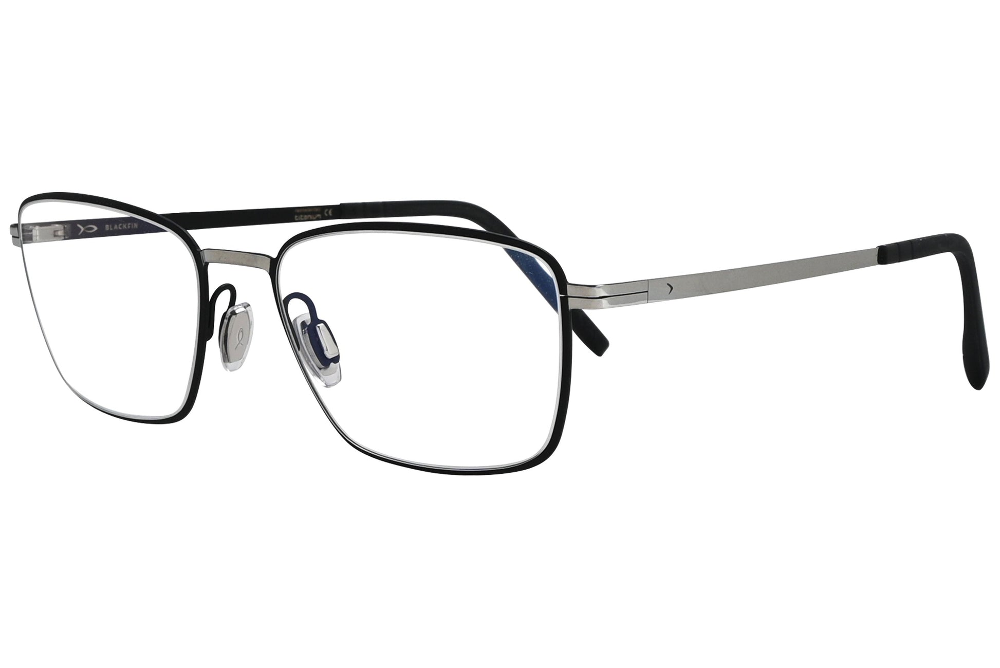 blackfin square black with silver eyeglasses frame viewed from a 45-degree angle.