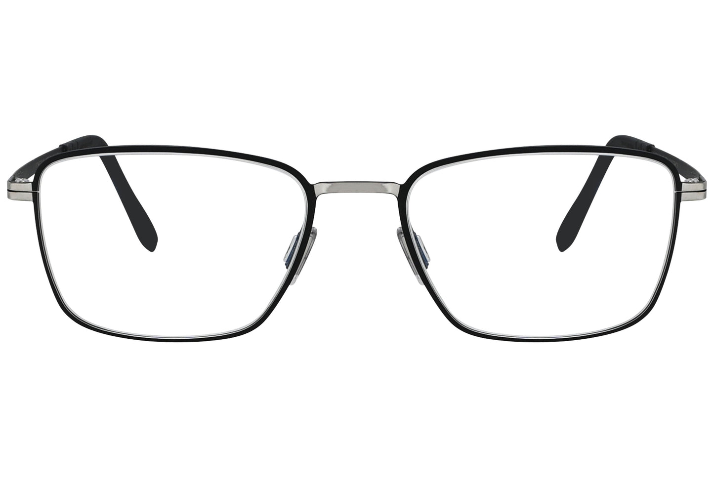 blackfin square black with silver eyeglasses frame viewed from a 90-degree angle.