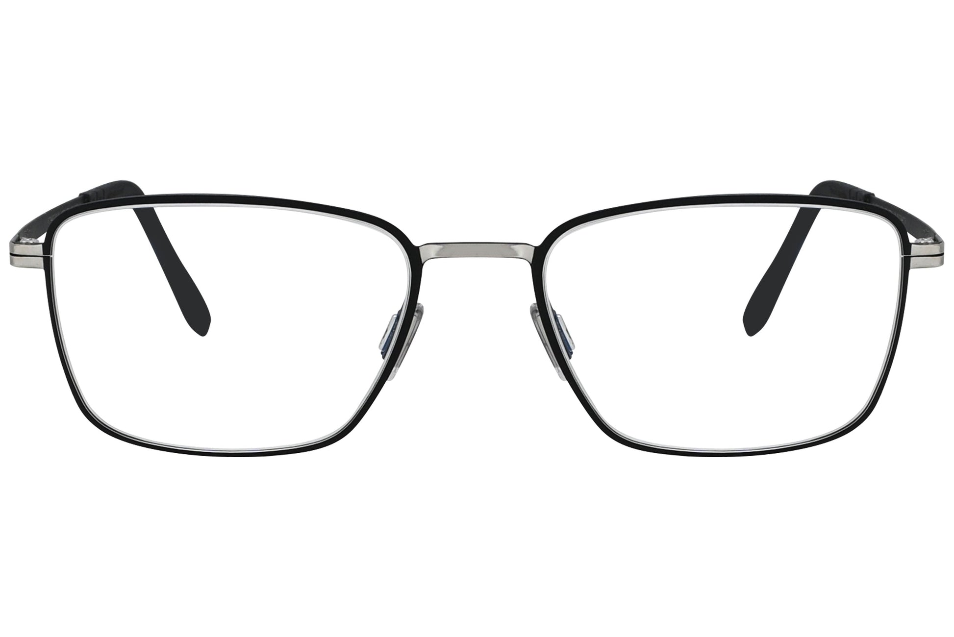 blackfin square black with silver eyeglasses frame viewed from a 90-degree angle.