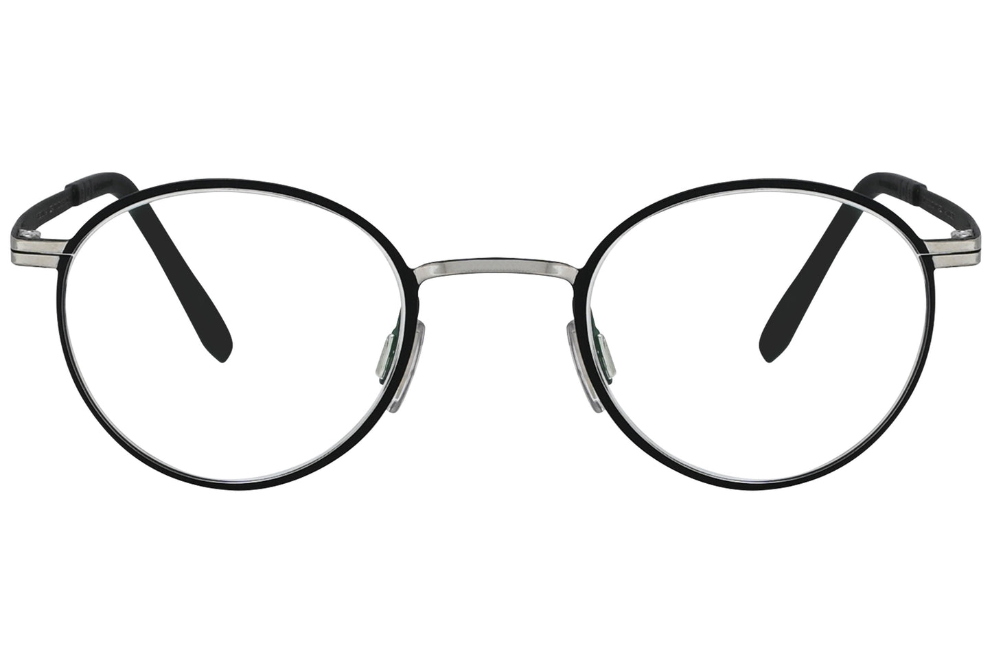 blackfin round black with silver eyeglasses frame viewed from a 90-degree angle.