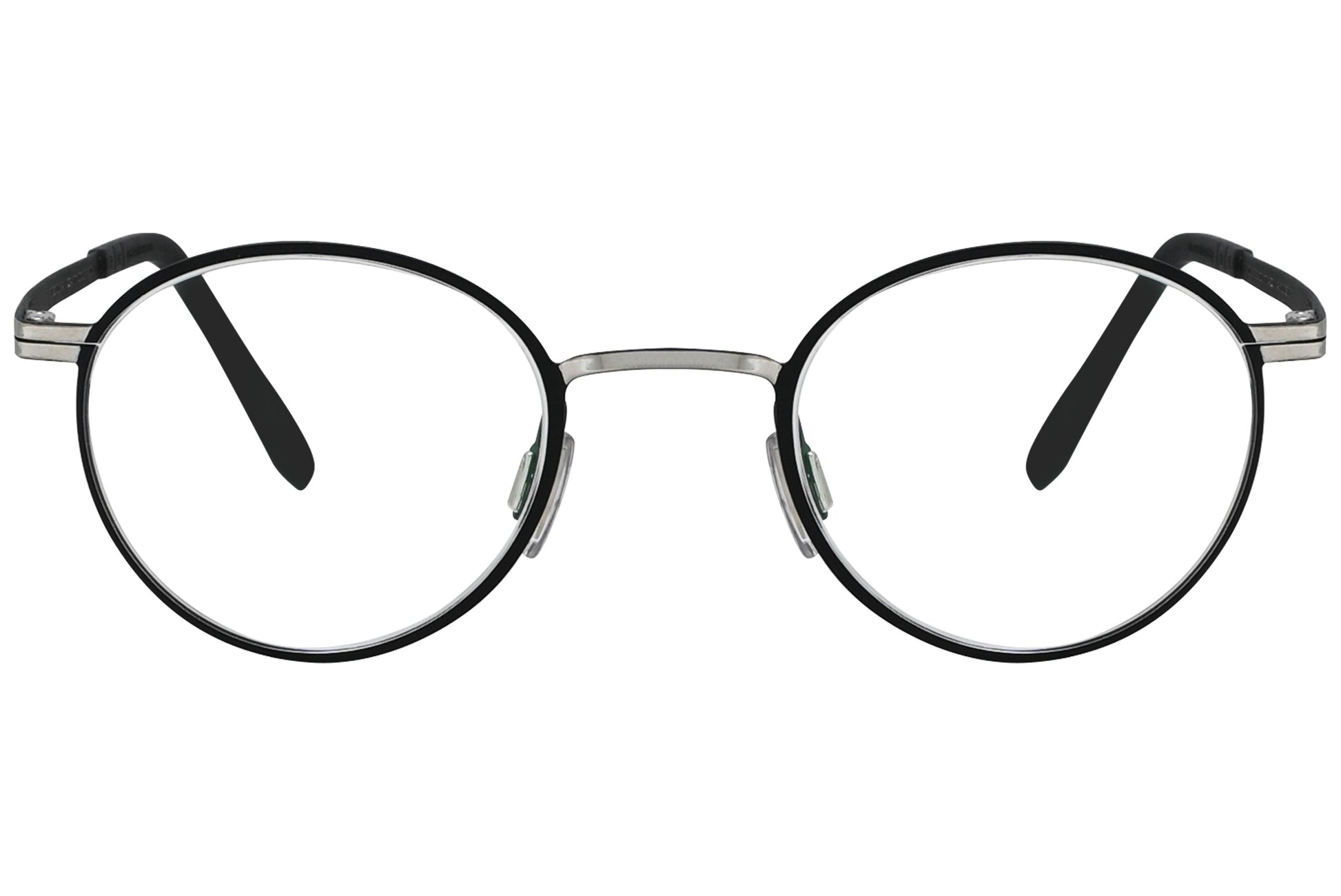 blackfin round black with silver eyeglasses frame viewed from a 90-degree angle.