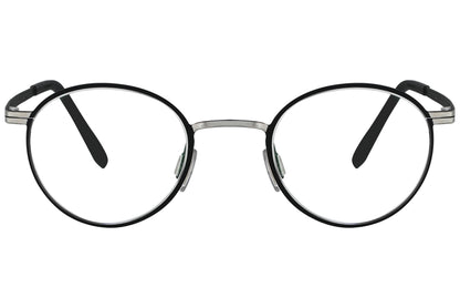 blackfin round black with silver eyeglasses frame viewed from a 90-degree angle.