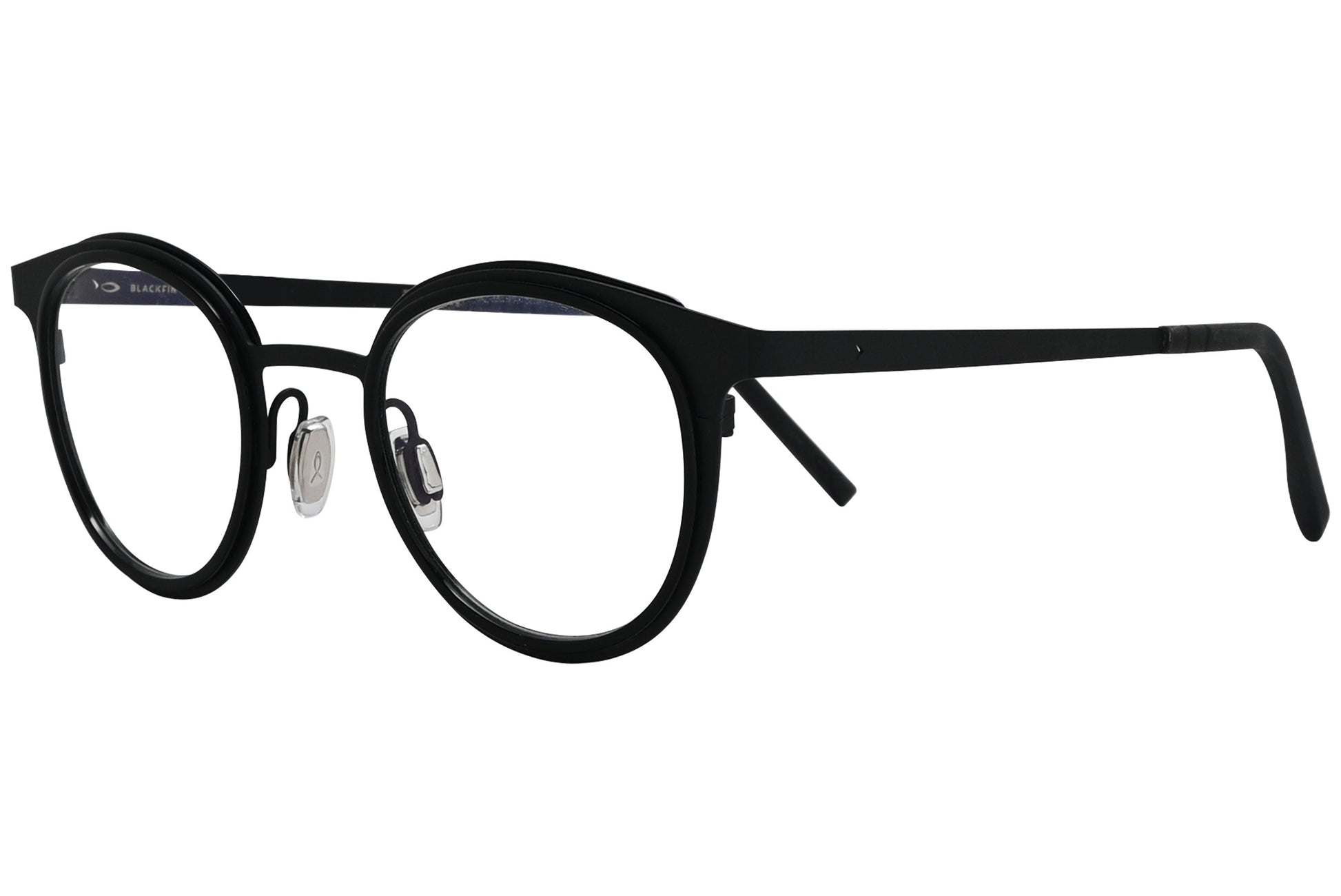 blackfin oval black eyeglasses frame viewed from a 45-degree angle.