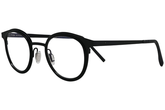 blackfin geometric blue eyeglasses frame viewed from a 45-degree angle.