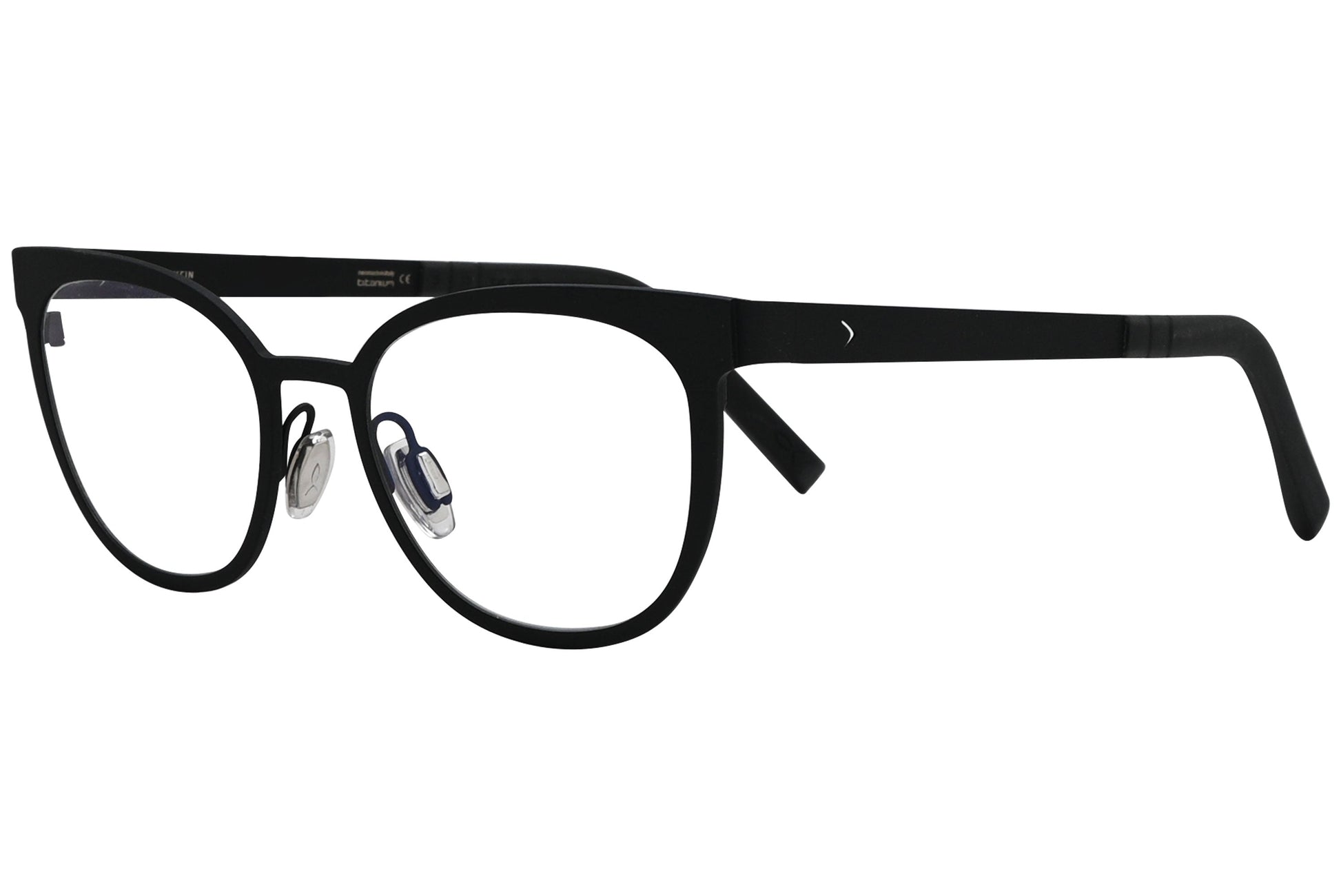 blackfin oval black eyeglasses frame viewed from a 45-degree angle.