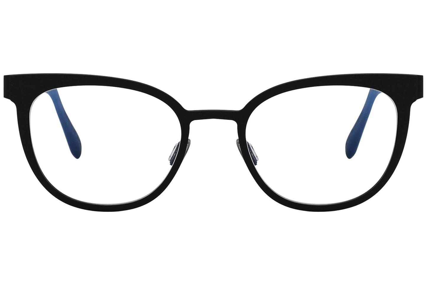 blackfin oval black eyeglasses frame viewed from a 90-degree angle.