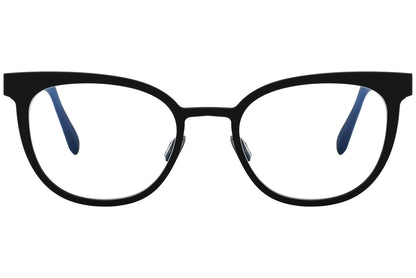 blackfin oval black eyeglasses frame viewed from a 90-degree angle.