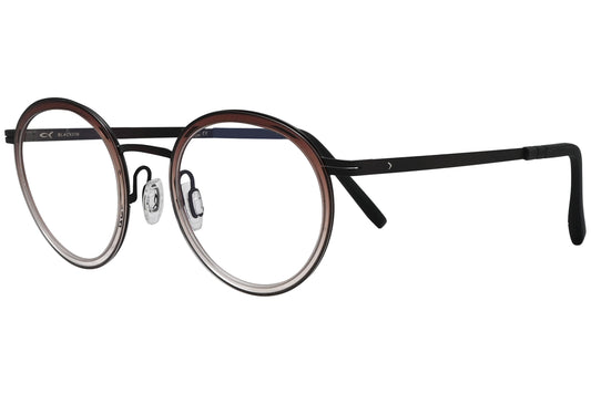 blackfin geometric black eyeglasses frame viewed from a 45-degree angle.