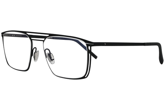 blackfin geometric black eyeglasses frame viewed from a 45-degree angle.