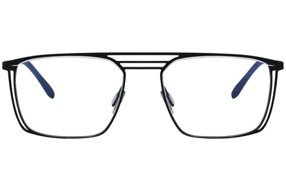 blackfin geometric black eyeglasses frame viewed from a 90-degree angle.