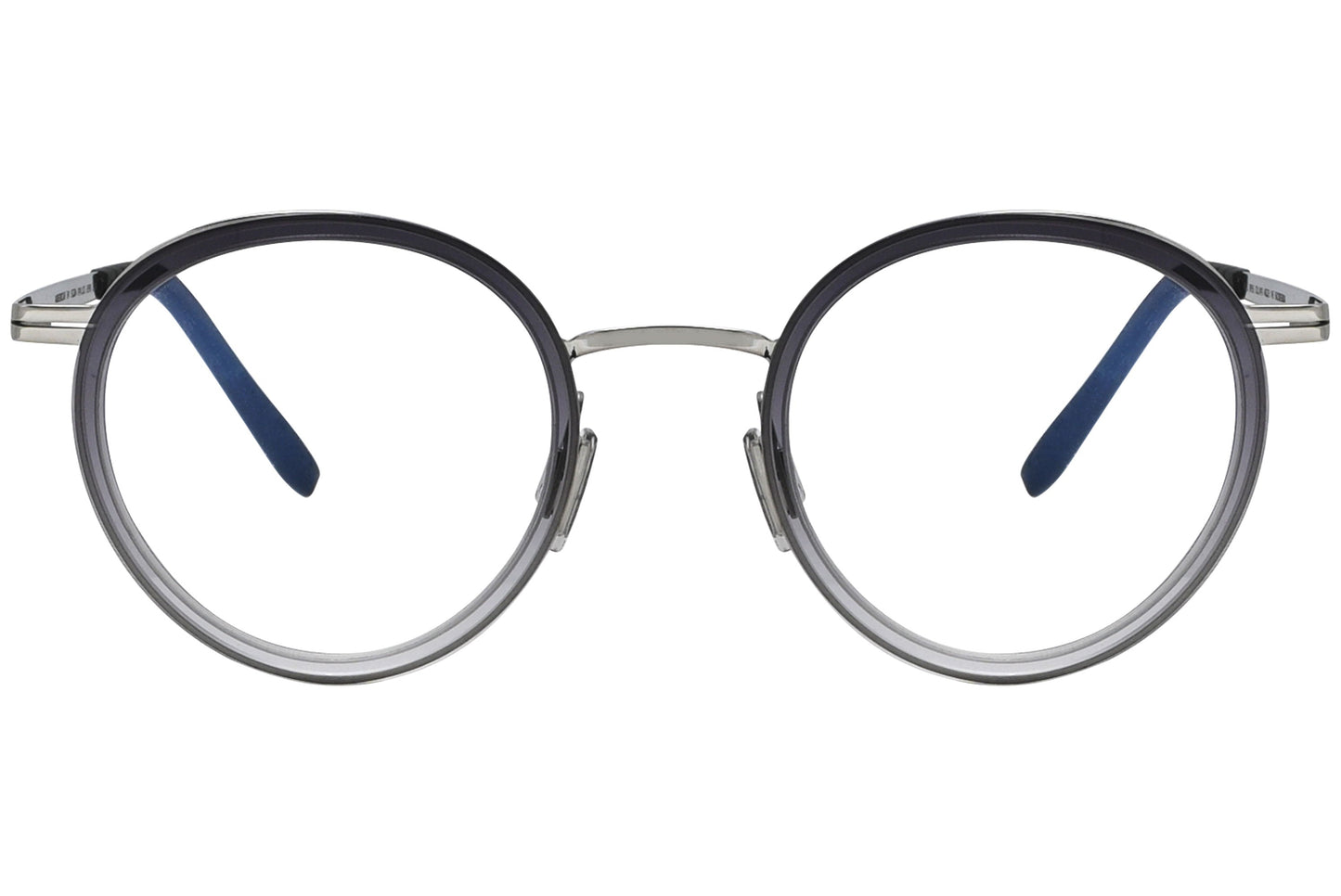 blackfin oval black with silver eyeglasses frame viewed from a 90-degree angle.