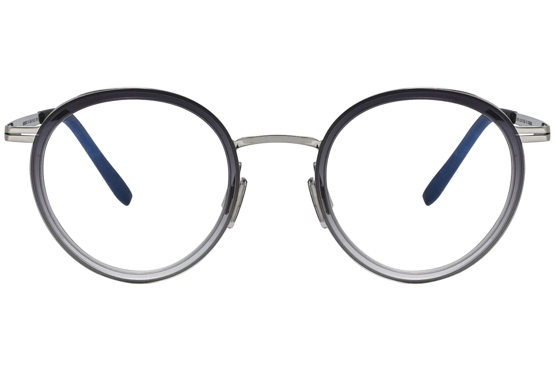 blackfin oval black with silver eyeglasses frame viewed from a 90-degree angle.