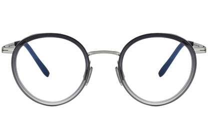 blackfin oval black with silver eyeglasses frame viewed from a 90-degree angle.