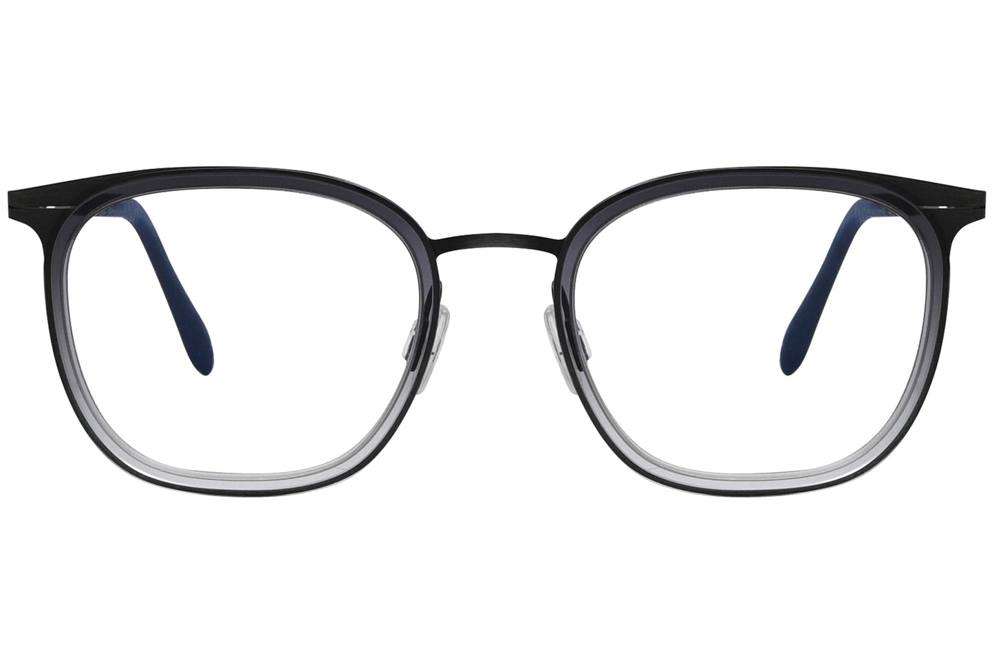 blackfin oval black with silver eyeglasses frame viewed from a 90-degree angle.