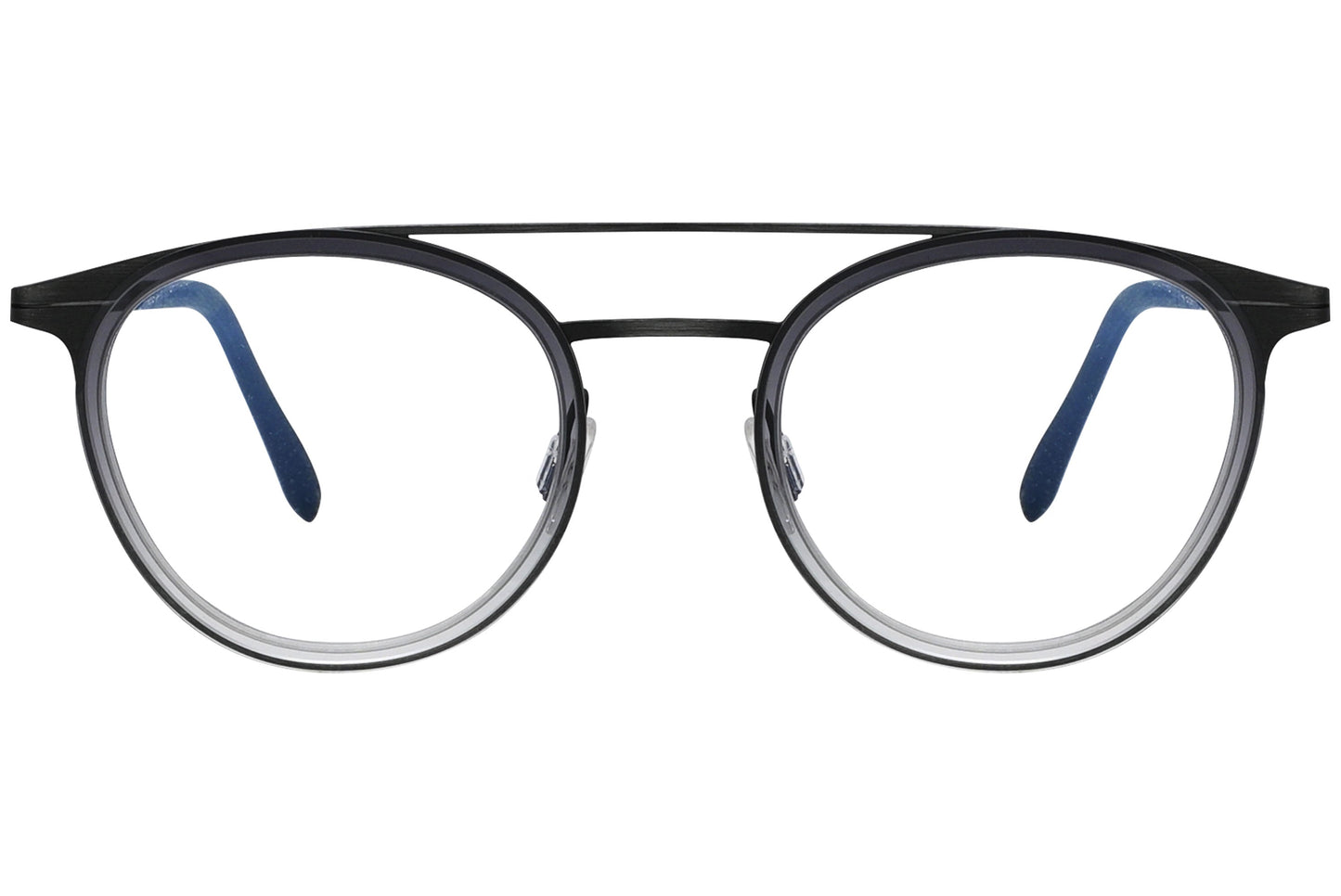 blackfin oval black with silver eyeglasses frame viewed from a 90-degree angle.