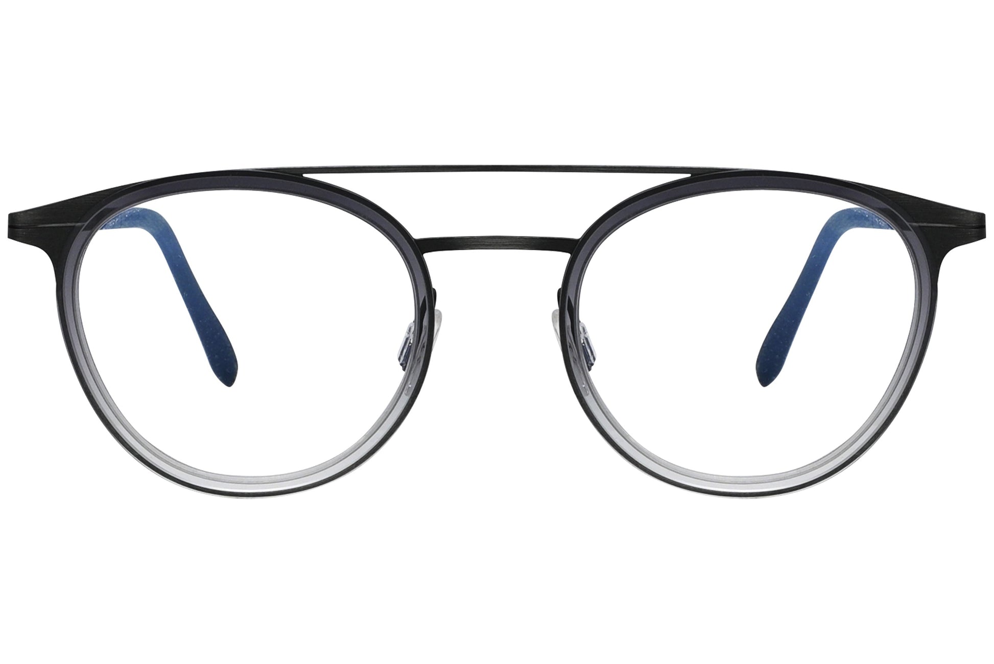 blackfin oval black with silver eyeglasses frame viewed from a 90-degree angle.