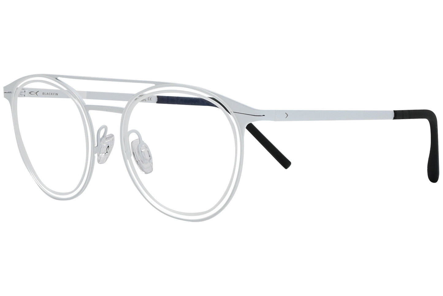 blackfin oval white  with black eyeglasses frame viewed from a 45-degree angle.