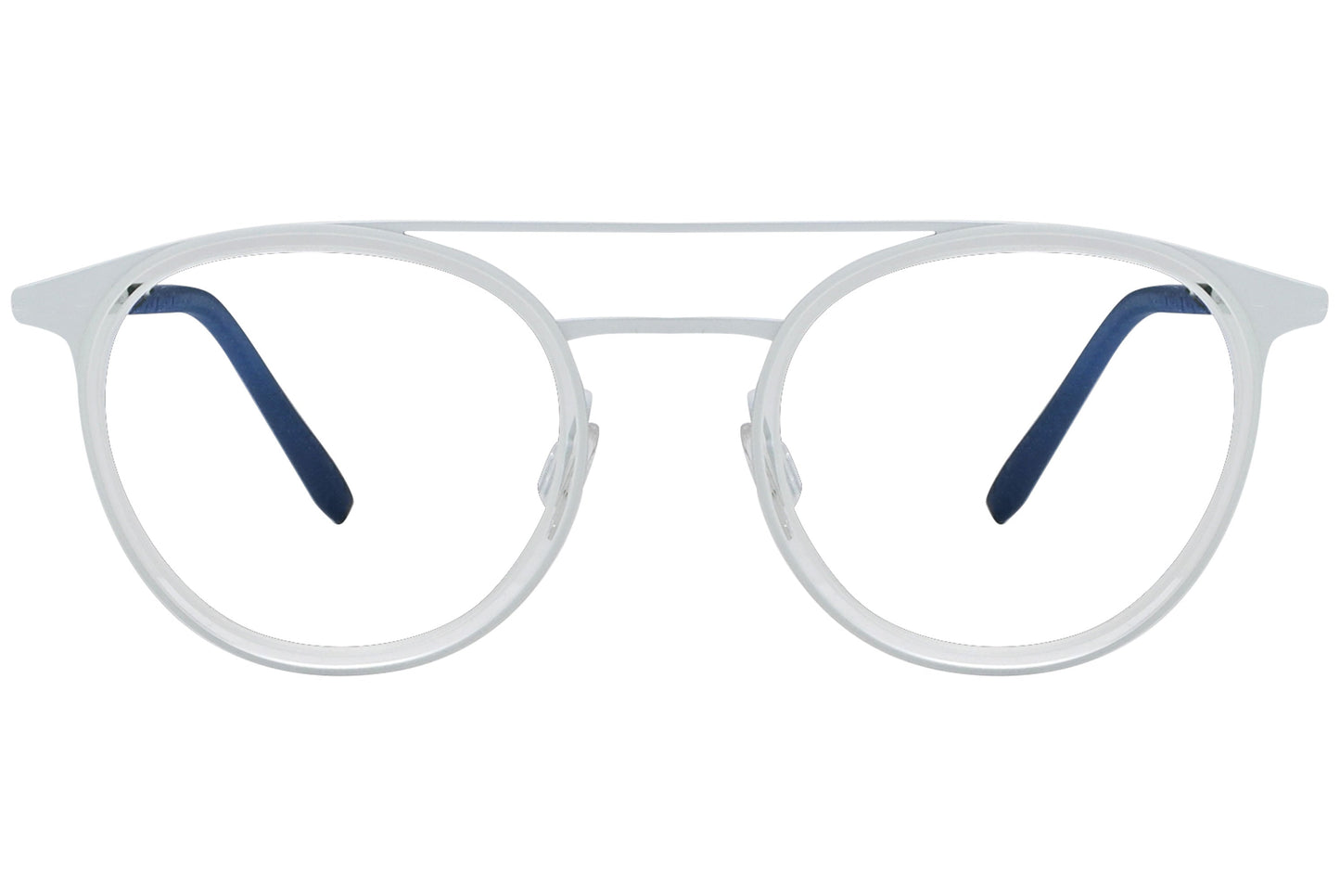 blackfin oval white  with black eyeglasses frame viewed from a 90-degree angle.