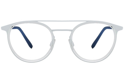 blackfin oval white  with black eyeglasses frame viewed from a 90-degree angle.