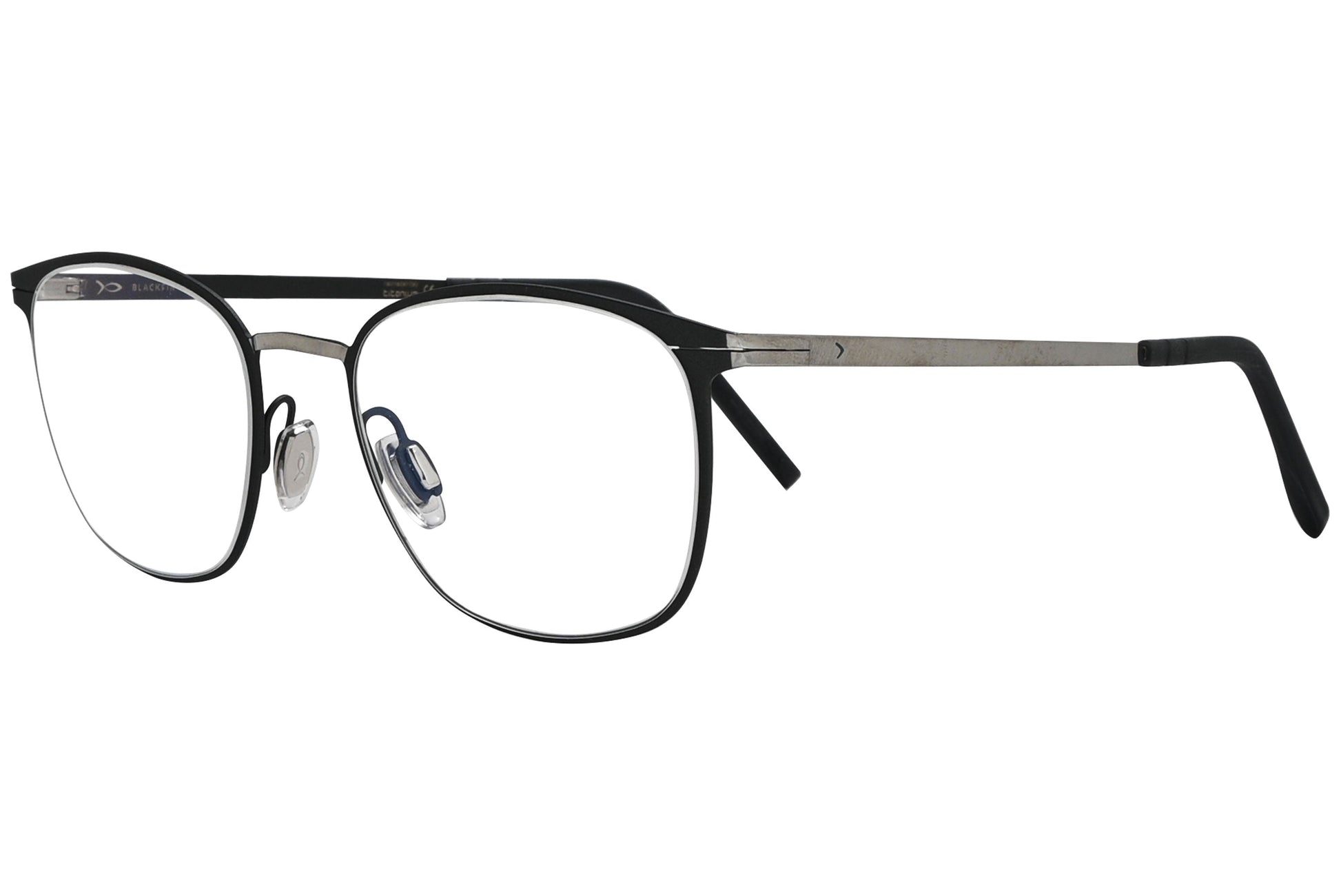 blackfin oval black with silver eyeglasses frame viewed from a 45-degree angle.