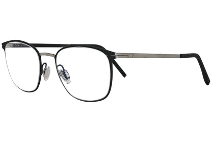 blackfin oval black with silver eyeglasses frame viewed from a 45-degree angle.