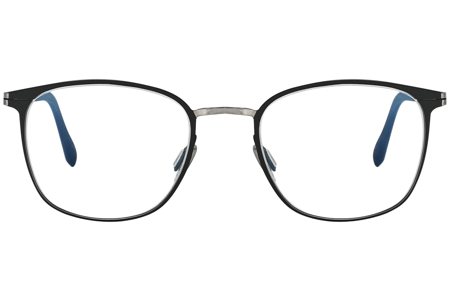 blackfin oval black with silver eyeglasses frame viewed from a 90-degree angle.