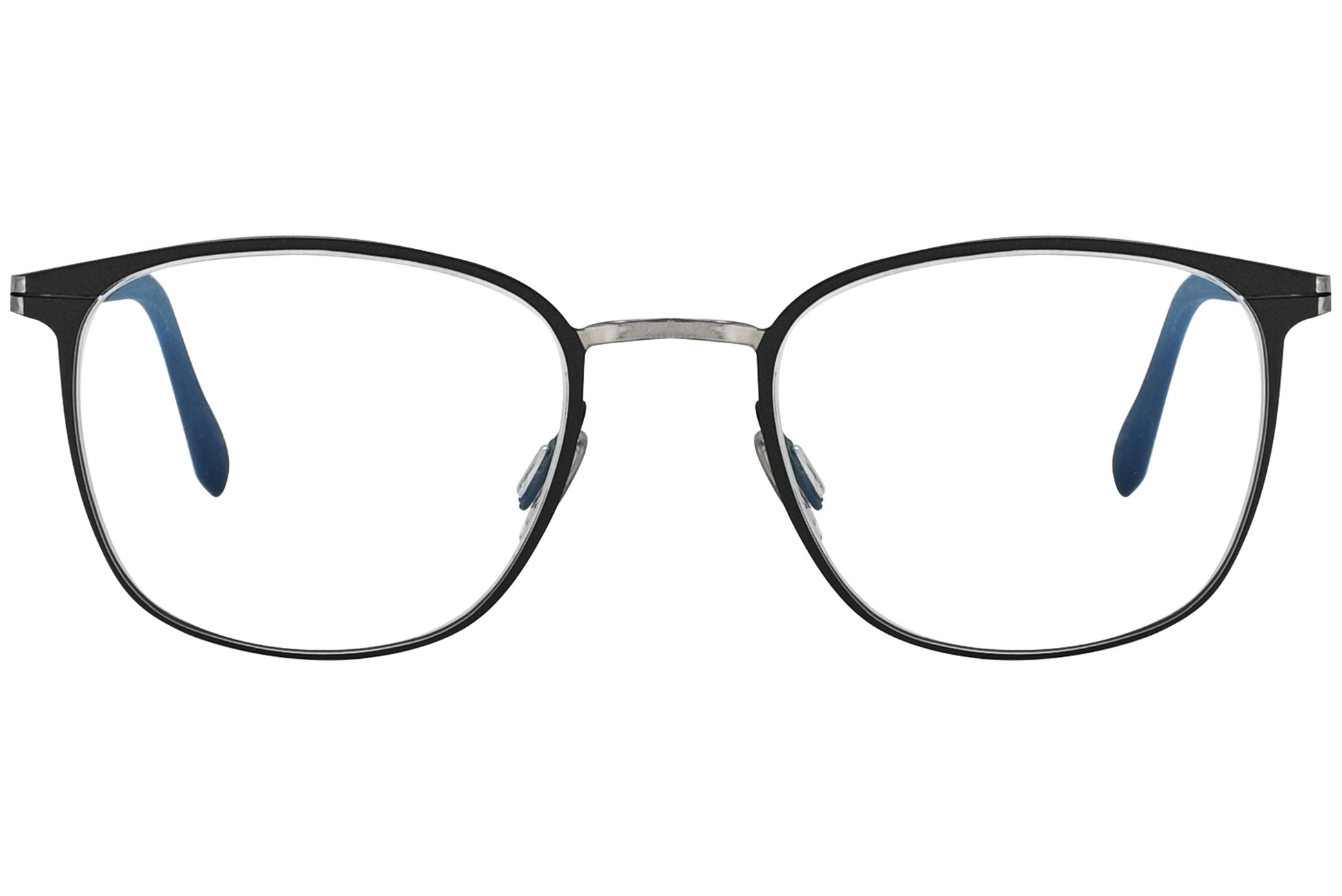 blackfin oval black with silver eyeglasses frame viewed from a 90-degree angle.