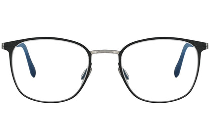 blackfin oval black with silver eyeglasses frame viewed from a 90-degree angle.