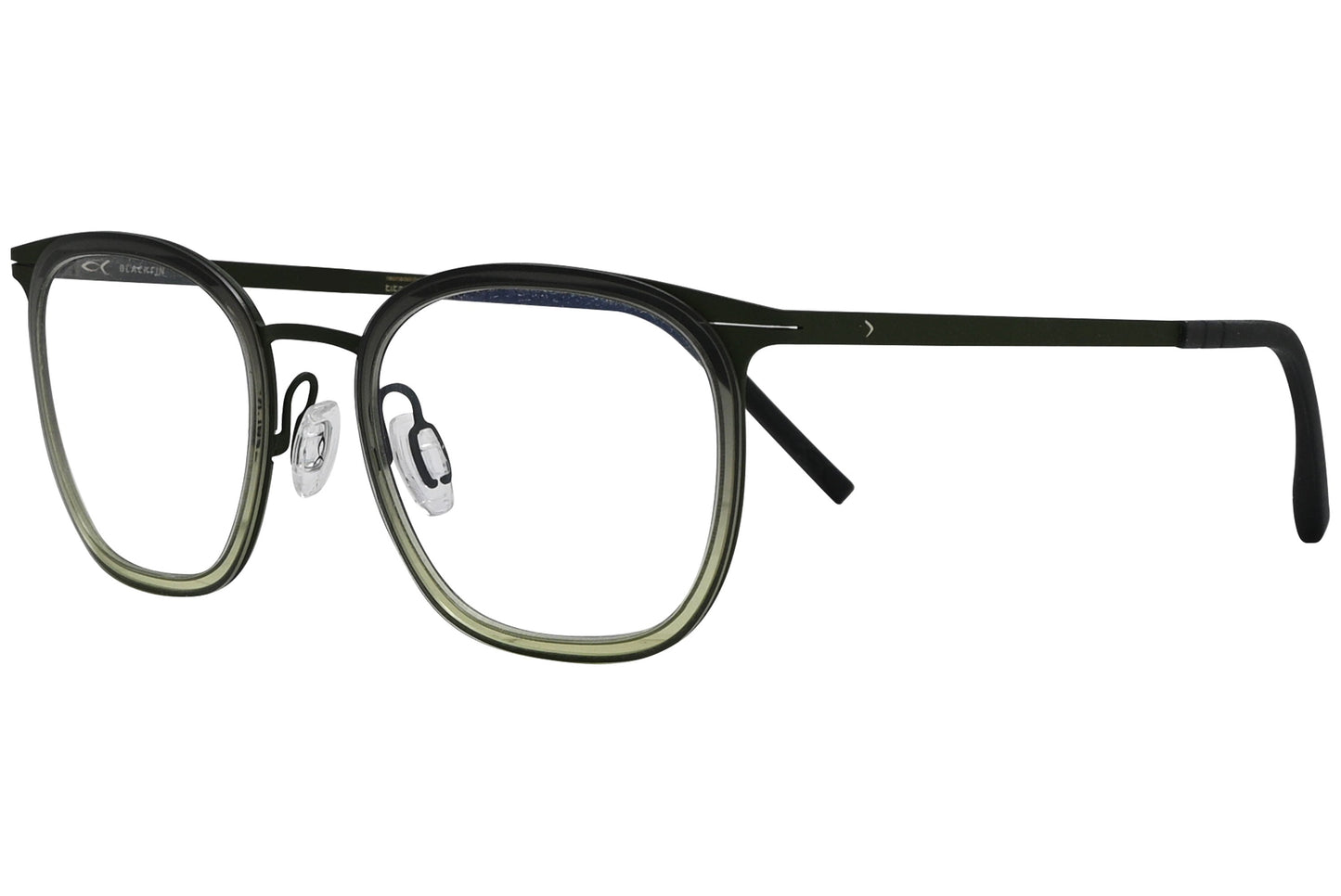 blackfin oval black eyeglasses frame viewed from a 45-degree angle.