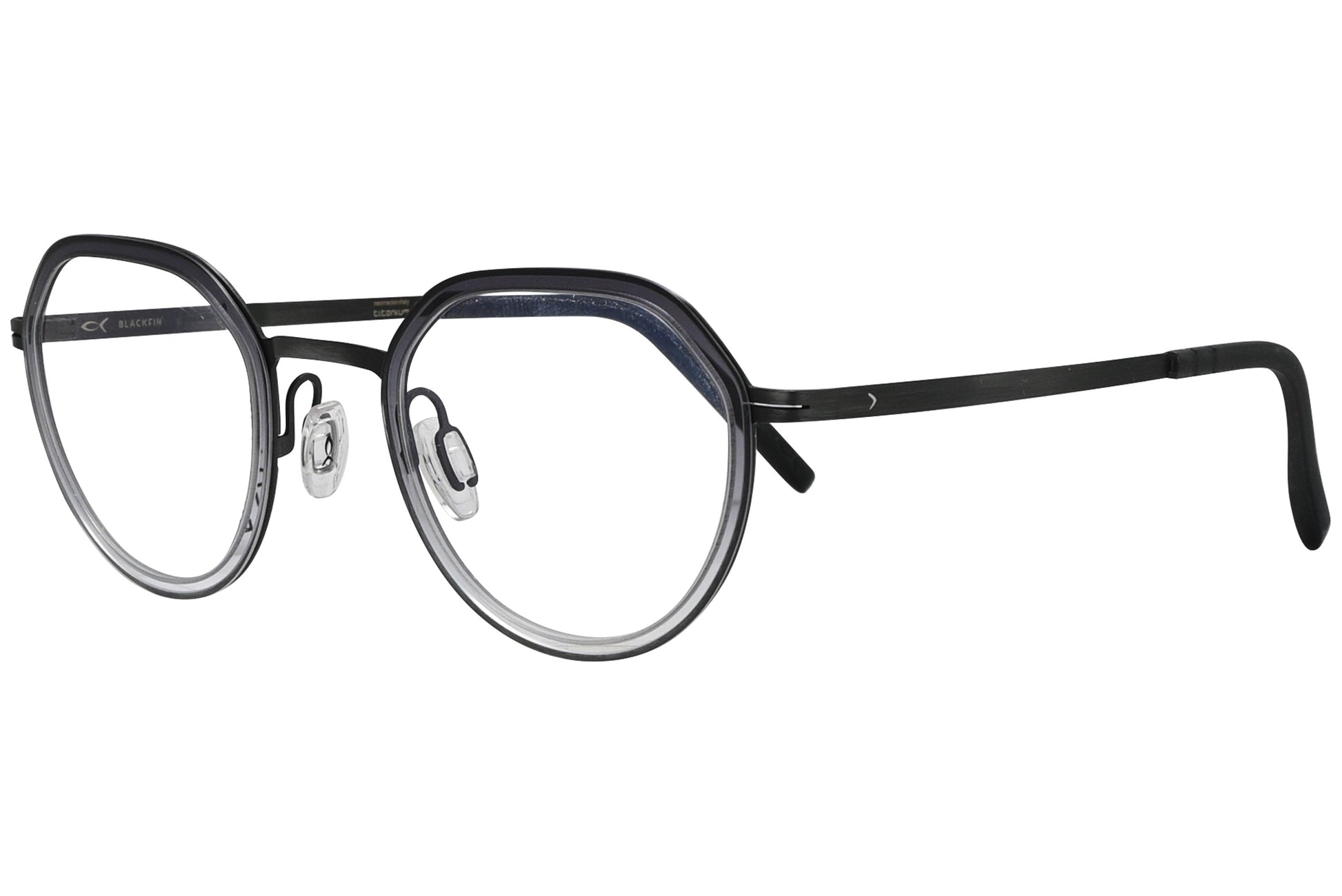 blackfin oval black eyeglasses frame viewed from a 45-degree angle.