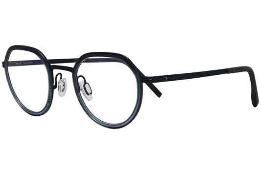 blackfin oval blue eyeglasses frame viewed from a 45-degree angle.