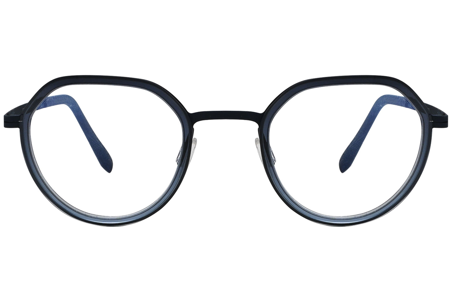 blackfin oval blue eyeglasses frame viewed from a 90-degree angle.